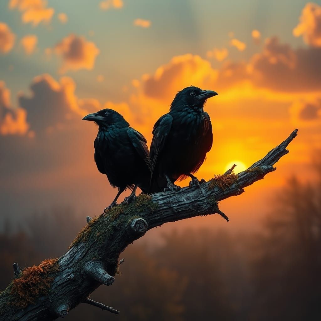 Ravens at Sunset in Romantic Realism Style