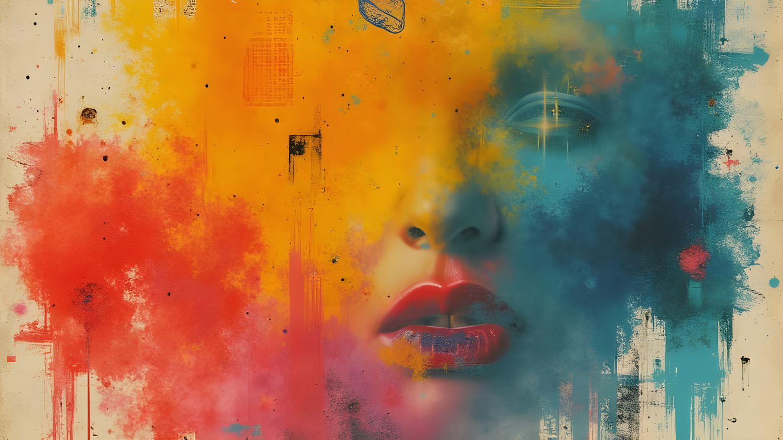 Retro Collage Poster with Abstract Shapes and Rainbow Colors