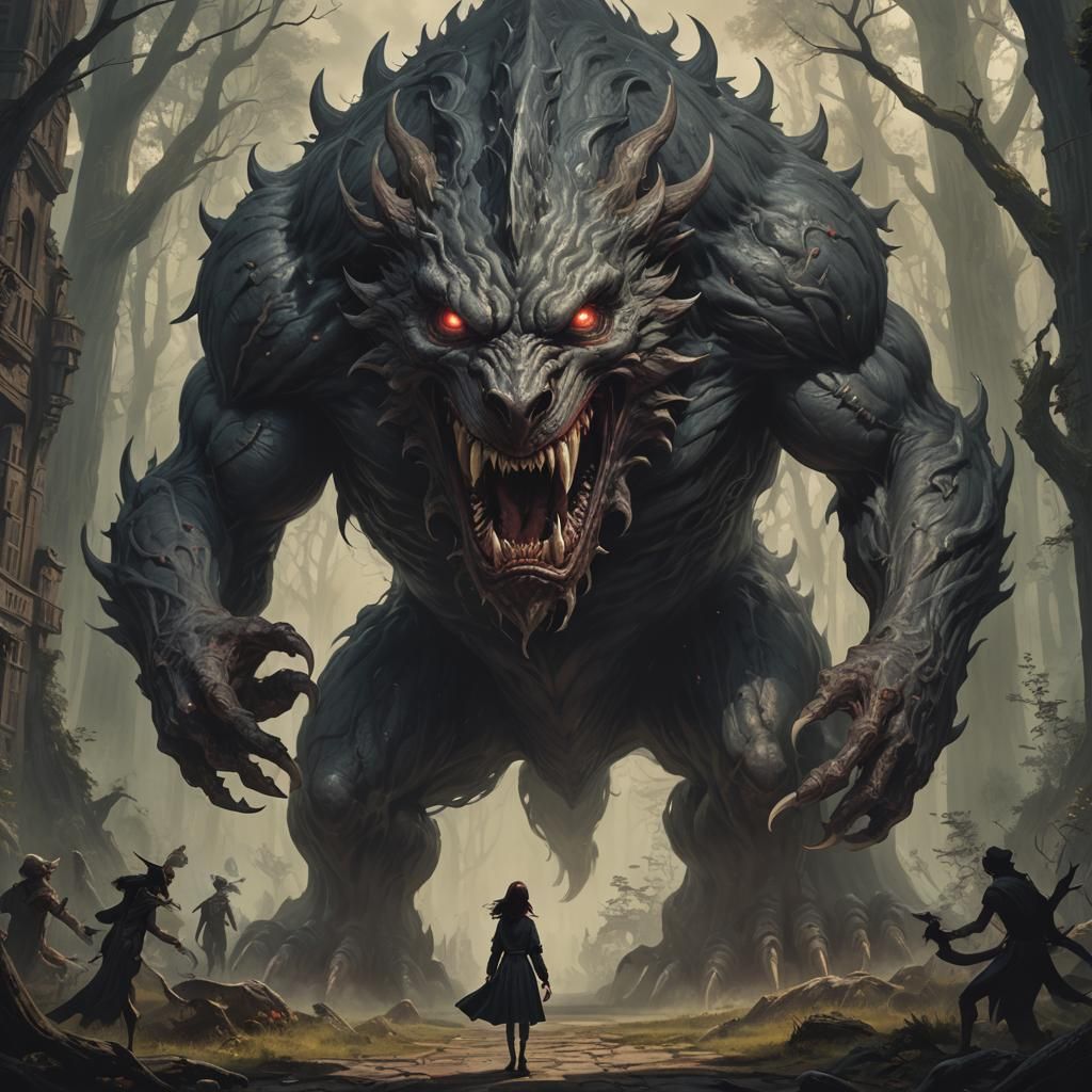 Woman Confronts Giant Monster in Vintage Style