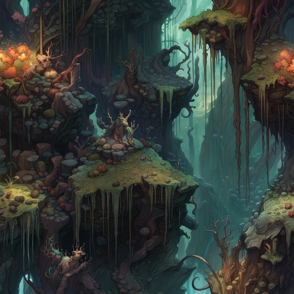 Fantasy Wilderness with Dripping Paint in Dark Fantasy Style