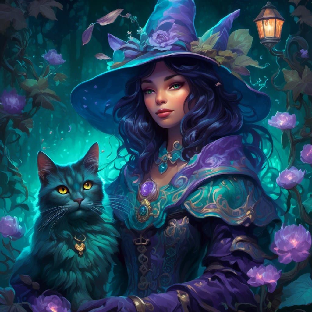 Cat-Headed Witch Portrait in Bioluminescent Garden