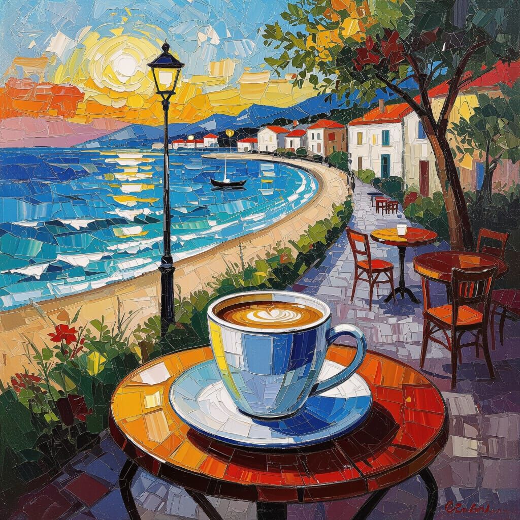 Seaside Cafe in Neo-Impressionist Style