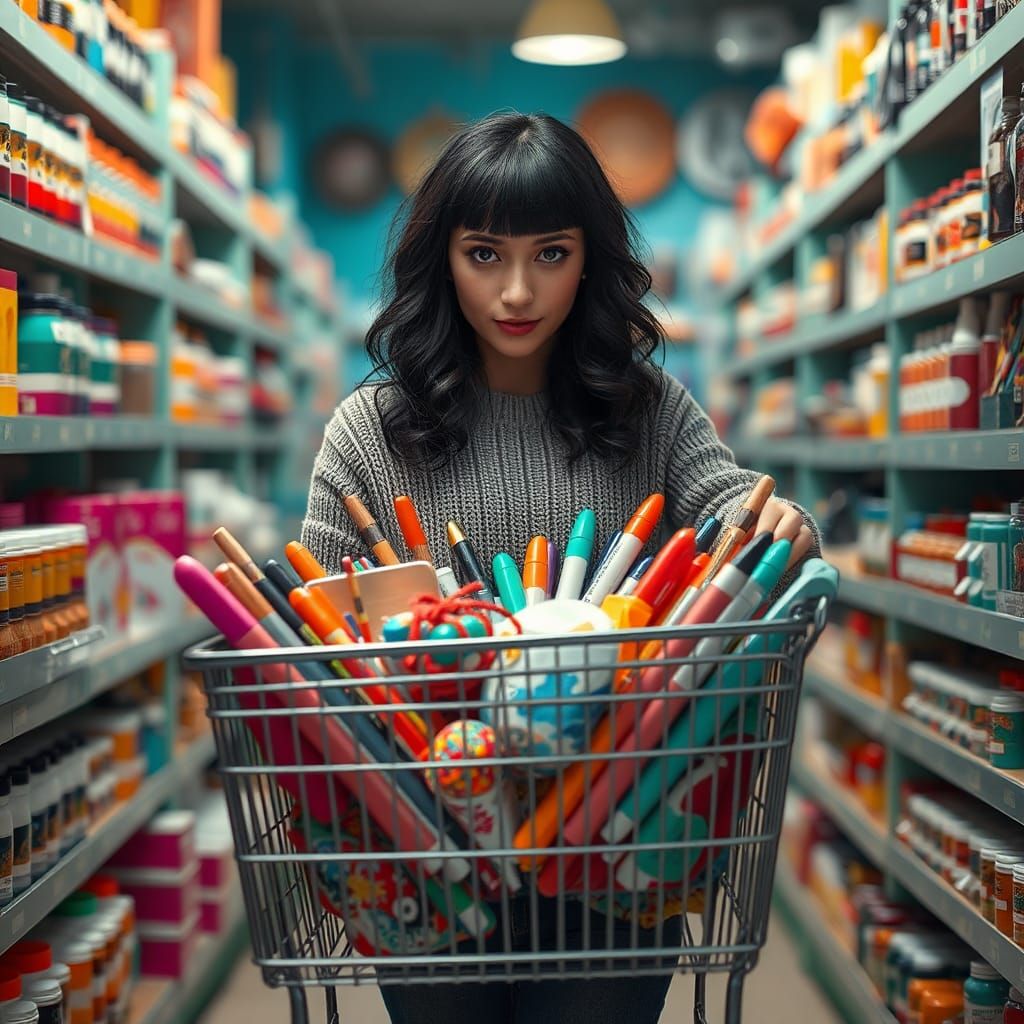 Woman Selects Art Supplies in Vibrant Craft Store