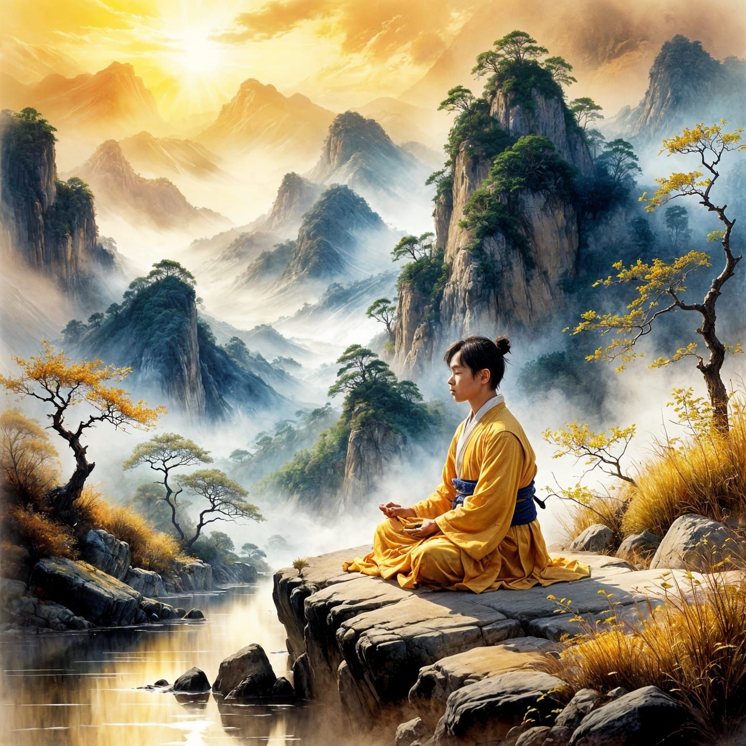Serene Wuxia Boy Meditating in Misty Mountains