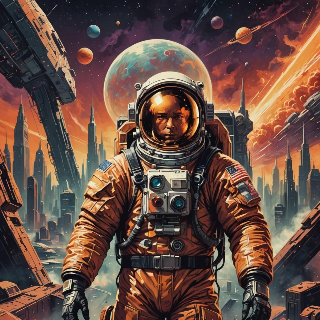 Heroic Astronaut on Distant Planet in Retro Pulp Art