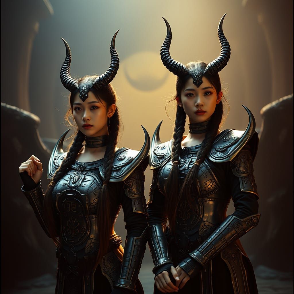 Heroic Twin Sisters in Dark Demon Armor