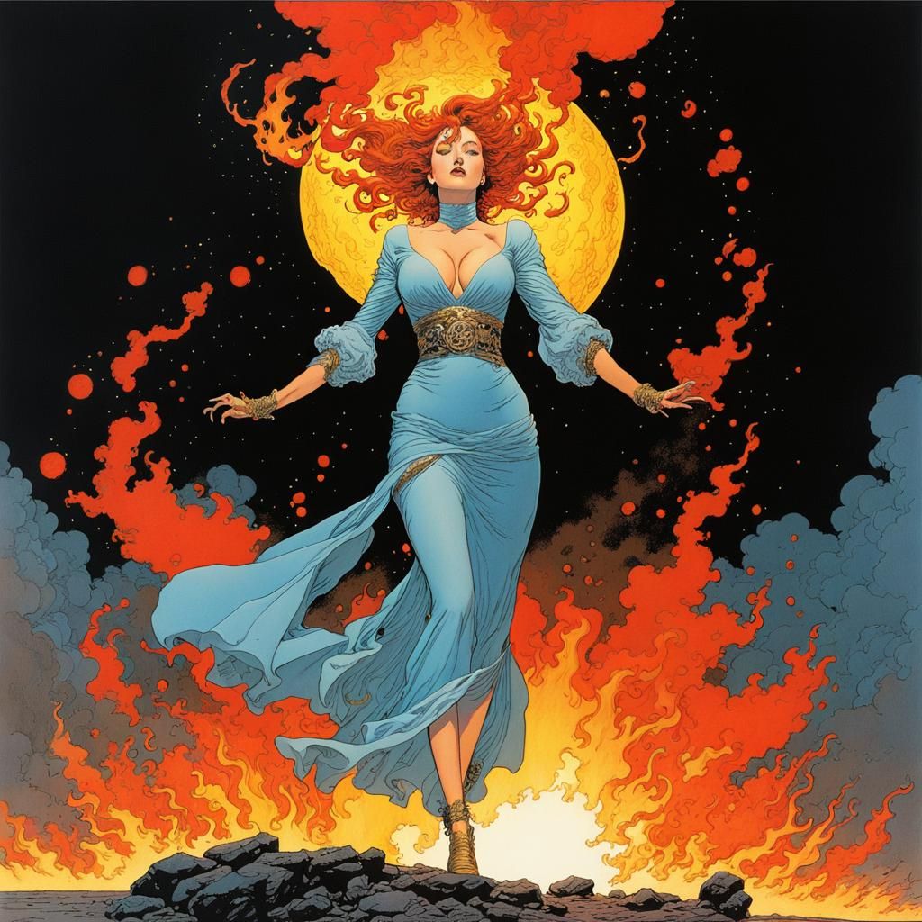 Infernal Prom: Woman with Fire Powers in Color Ink