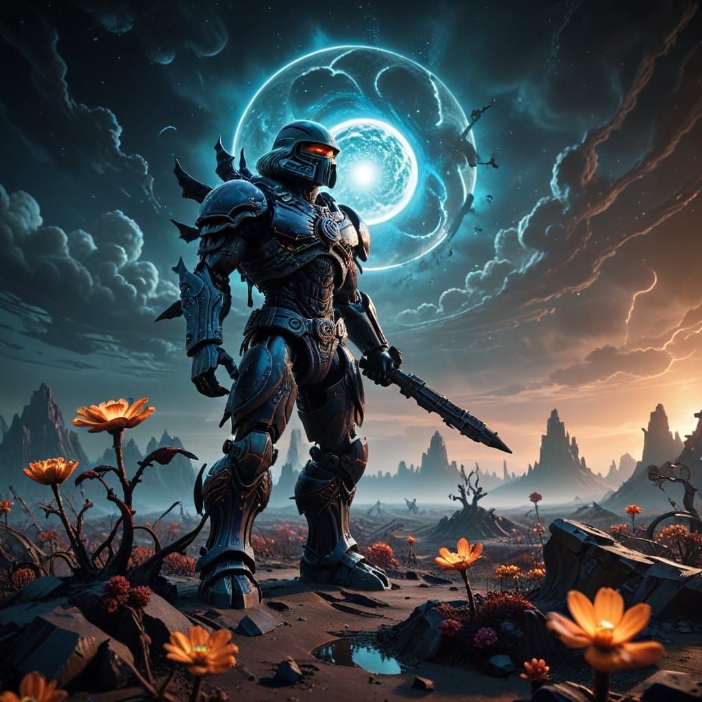 He-Man Lego Warrior on Alien Planet Contemplating Flower