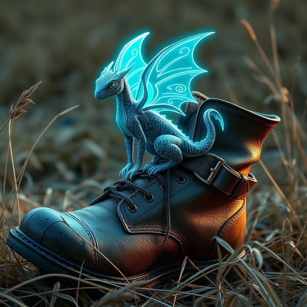Enchanted Sprite Dragon on a Weathered Boot