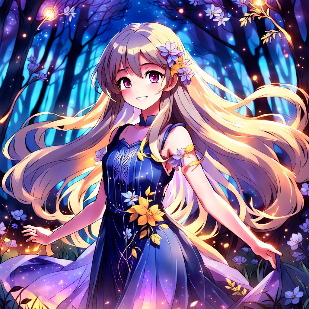 Anime Girl in Twilight Forest with Glowing Flowers