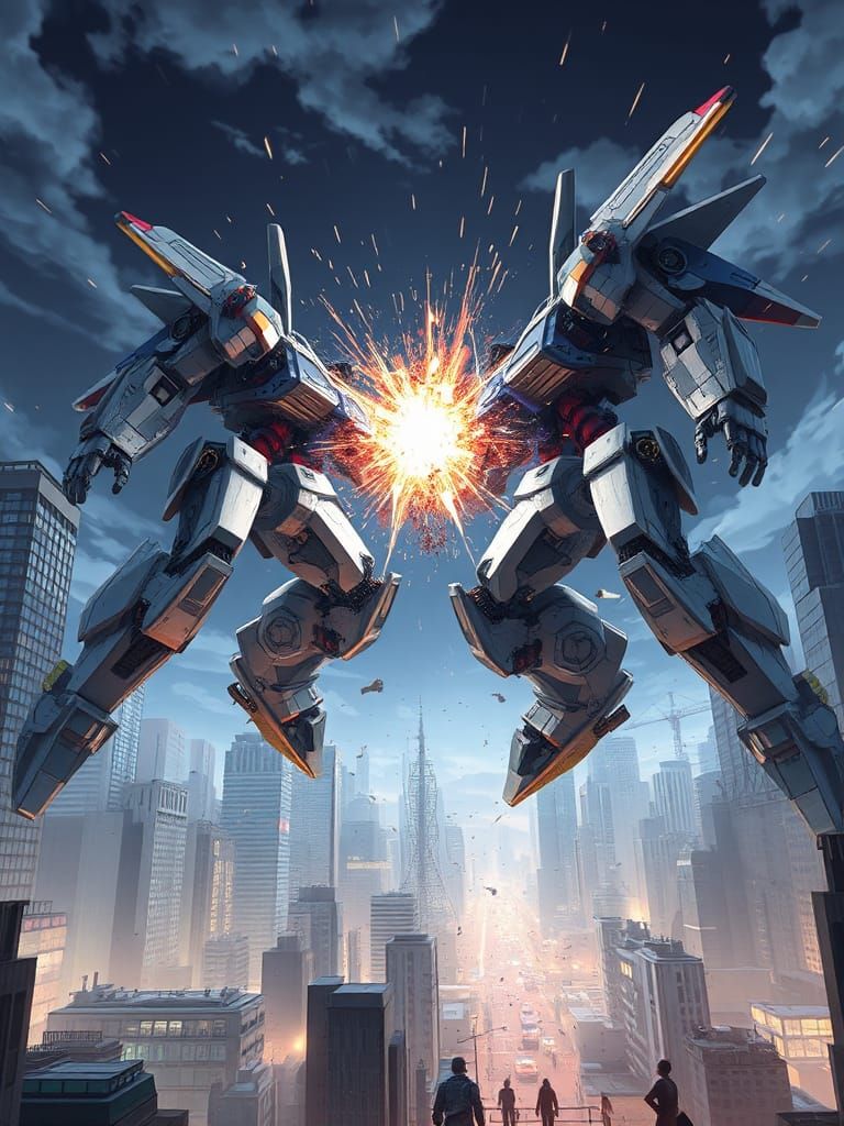 Colossal Mecha Clash in Metropolis: Anime-Inspired 3D Art