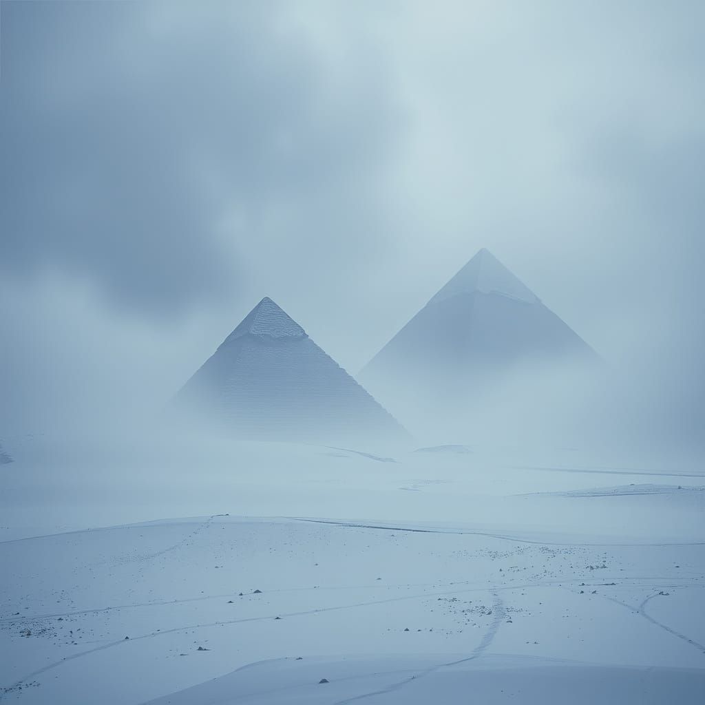Snow-Shrouded Pyramids of Giza in Atmospheric Landscape