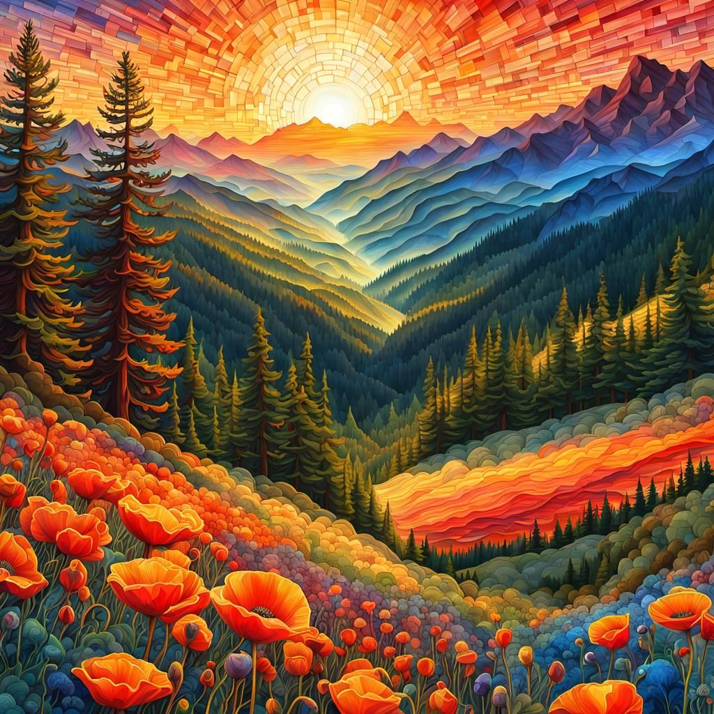 Colorful Mosaic Landscape with Poppy Flowers