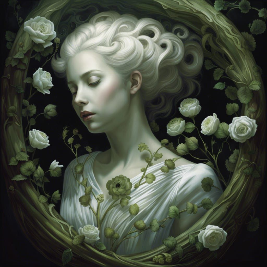 Ethereal Ghosts with Green Ribbons in Dreamlike Setting