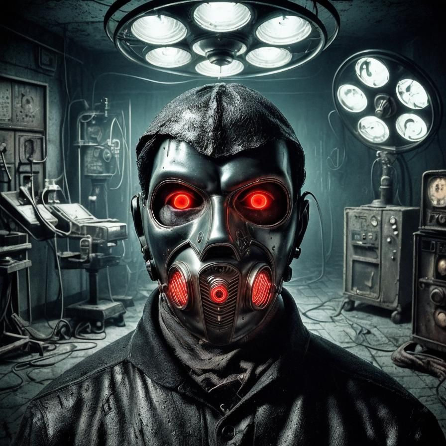 Masked Man in Dim Basement: Surreal Neon Art