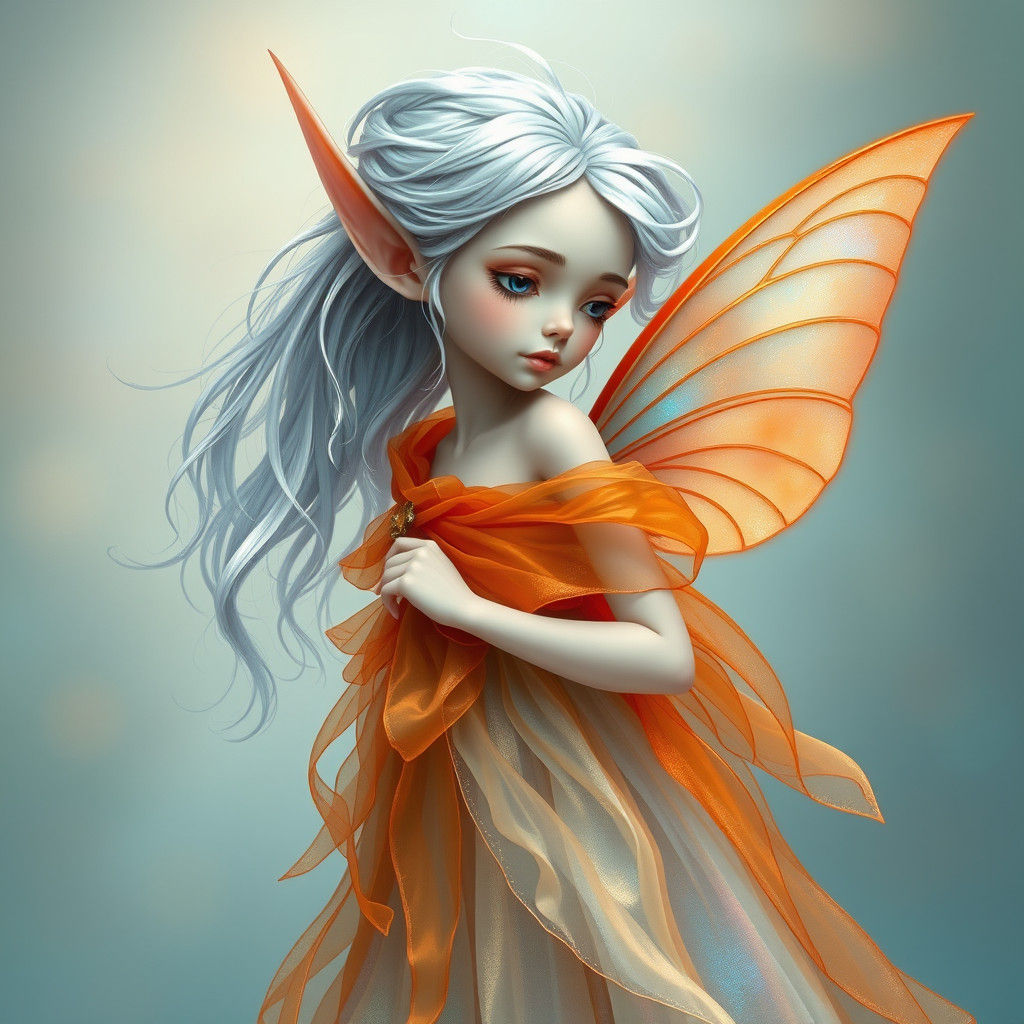 Fairy Elf in Orange and Blue Iridescent Gown