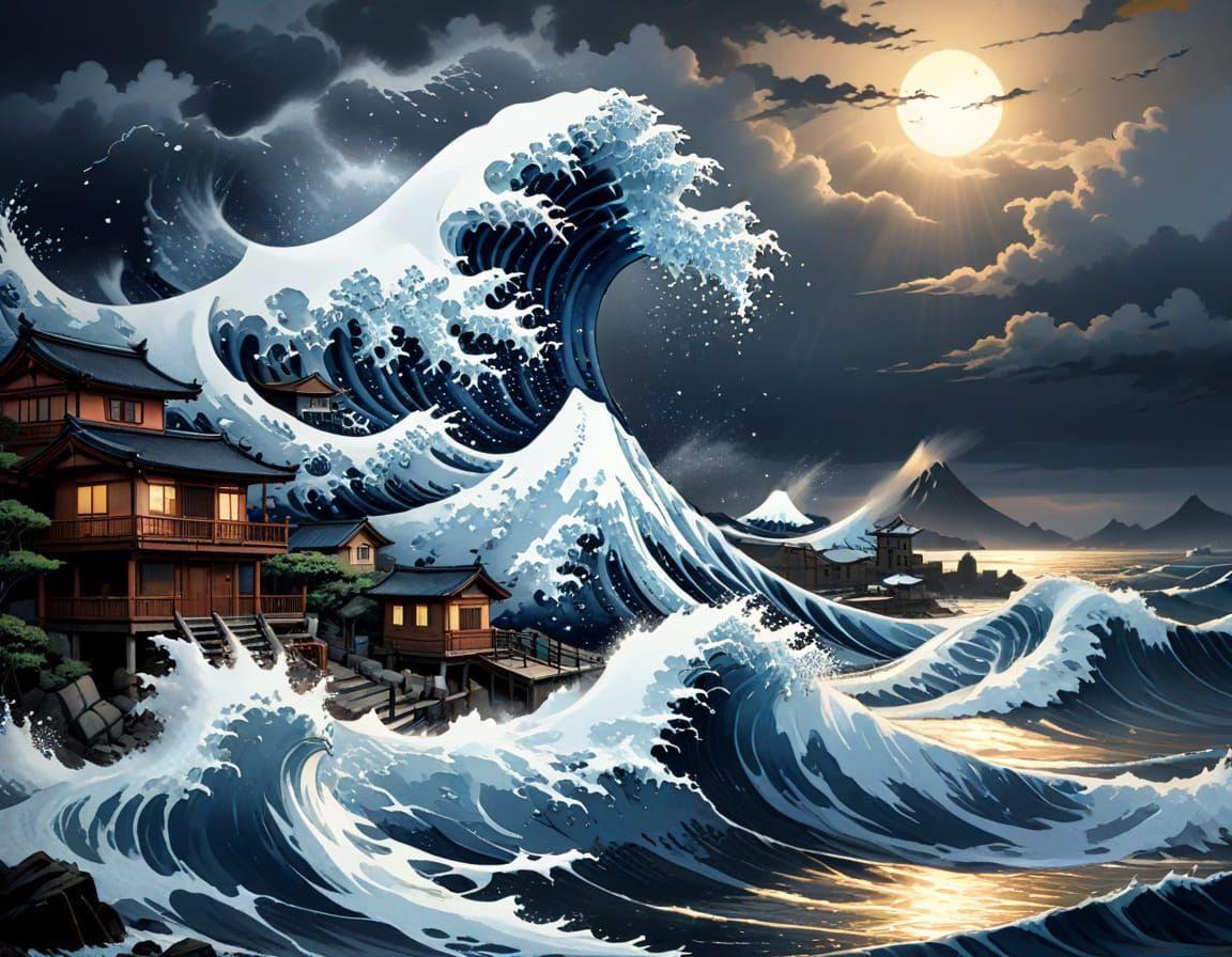 Colossal Wave Destroys Japanese Village in Dramatic Twilight