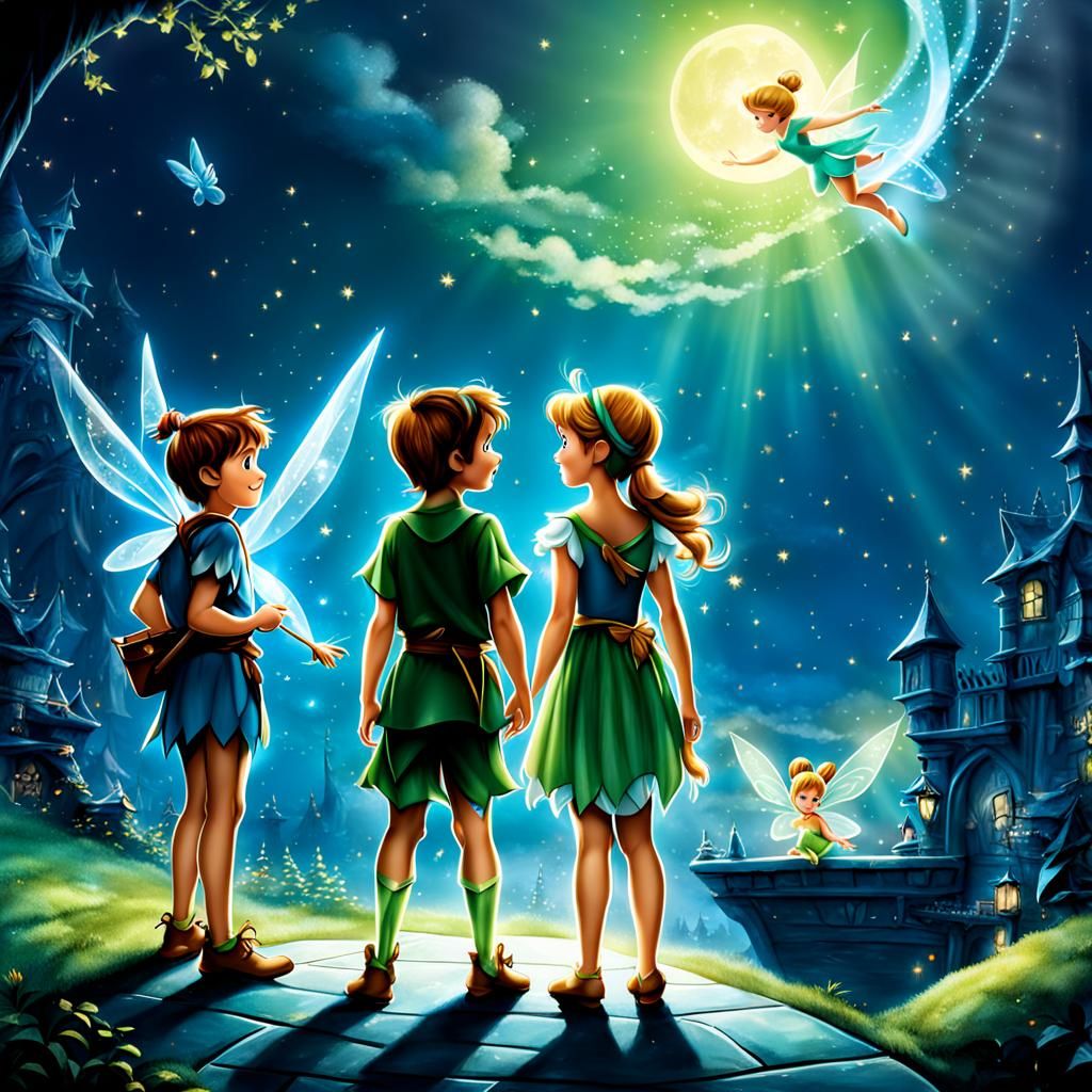 Peter Pan, Wendy, and Tinkerbell Illustration