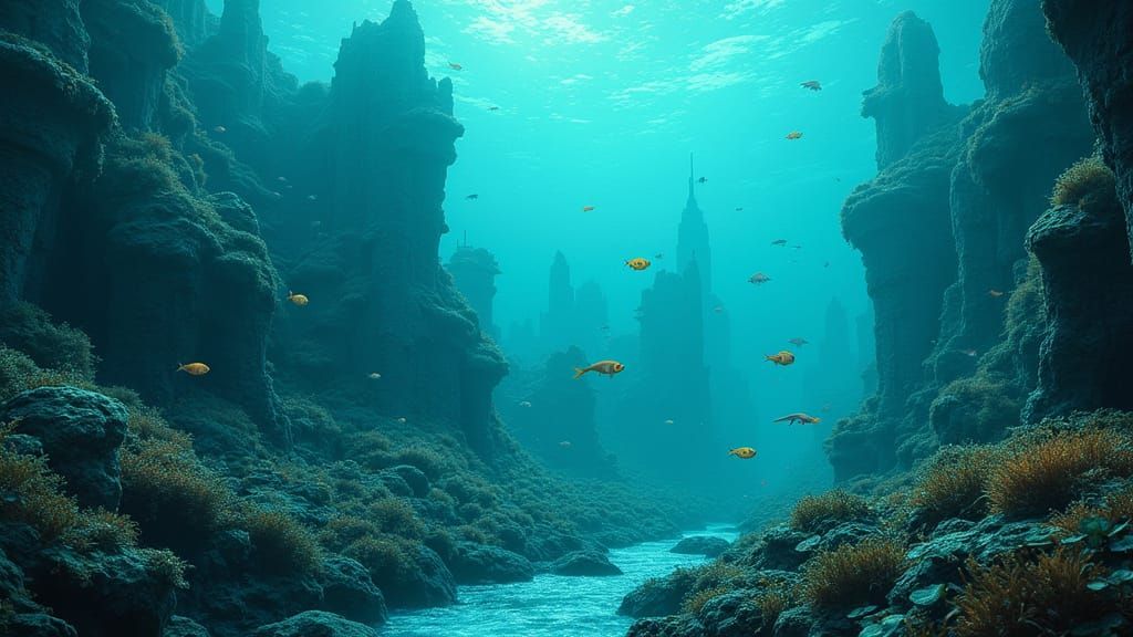 Underwater City in Ethereal Blue-Green Bioluminescent Glow