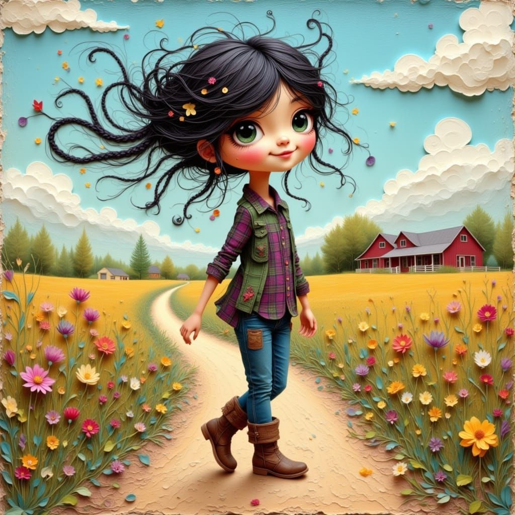 whimsical farm girl with intricate braided black hair, weari...