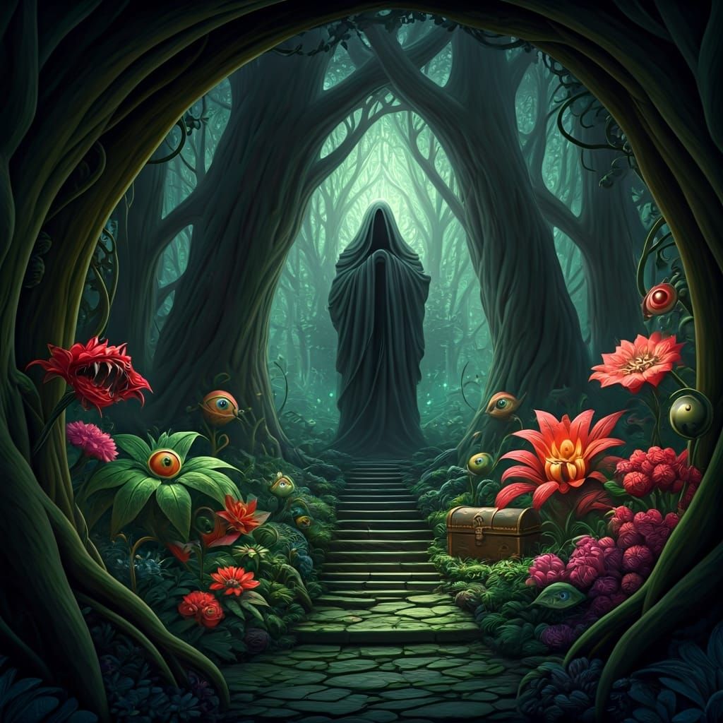 Mystical Garden with Flora and a Shrouded Statue