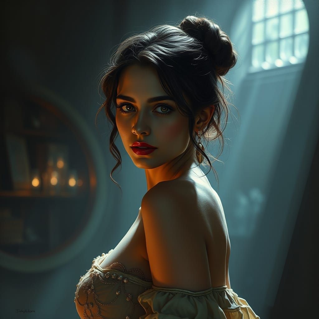 Elegant Woman in Dramatic Light: Oil Painting