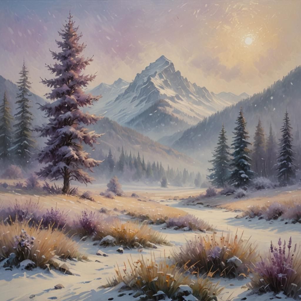 Misty Snowy Mountain Meadow in Impressionistic Style