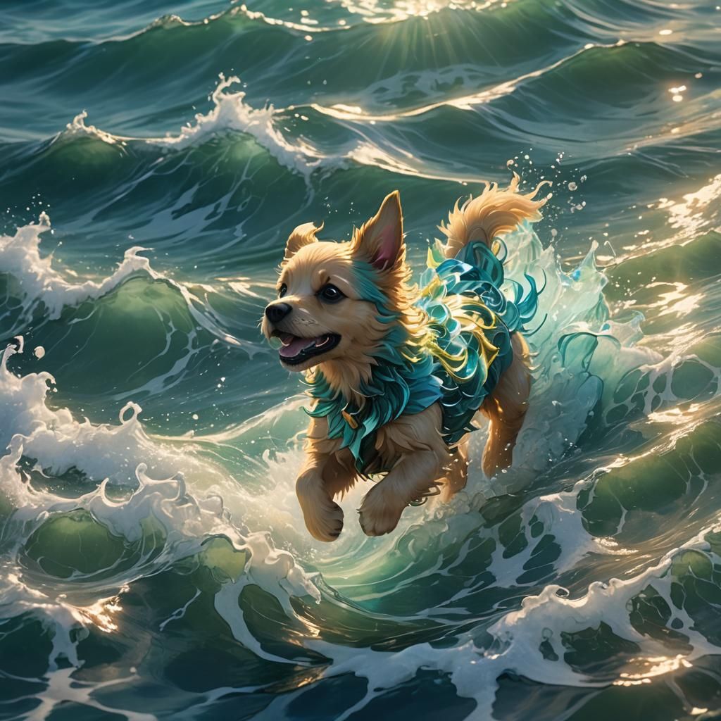 Mystical Puppy Runs on Ocean: Vibrant 3D Anime Art