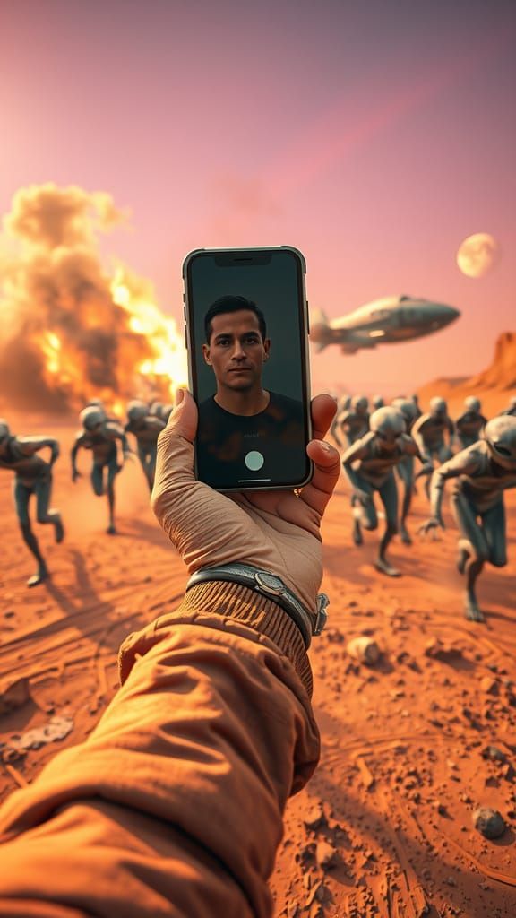 Selfie image from a first-person perspective you are running on a strange alien plant