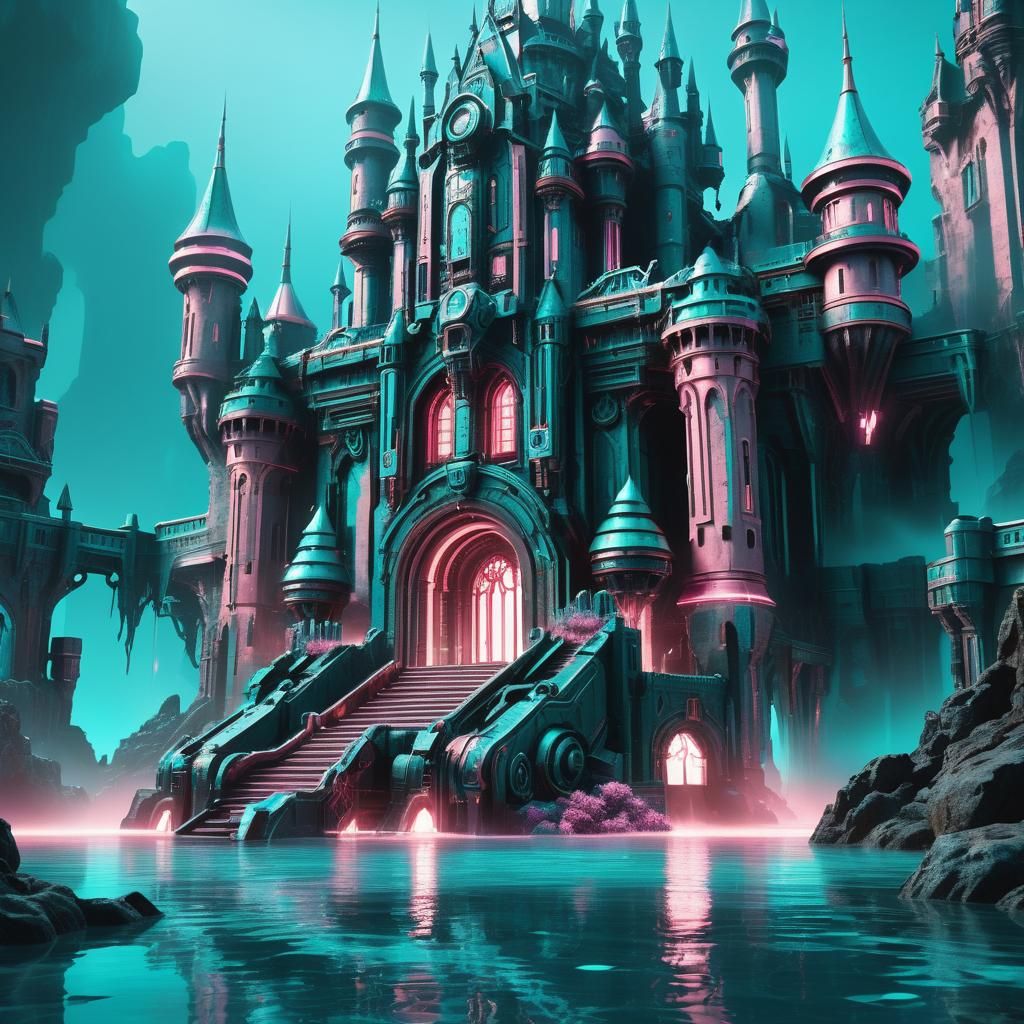 Teal and Rose Sci-Fi Castle with Monster in Aqua Water