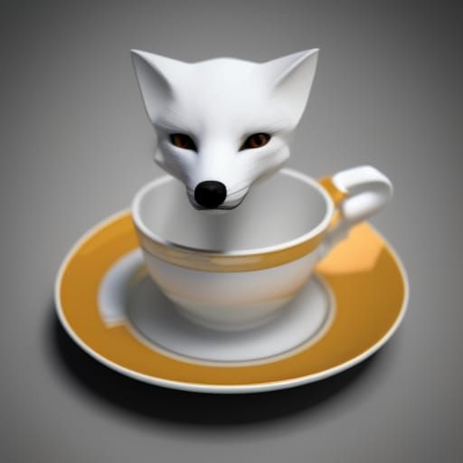 Albino Fox in Teacup: 3D Render