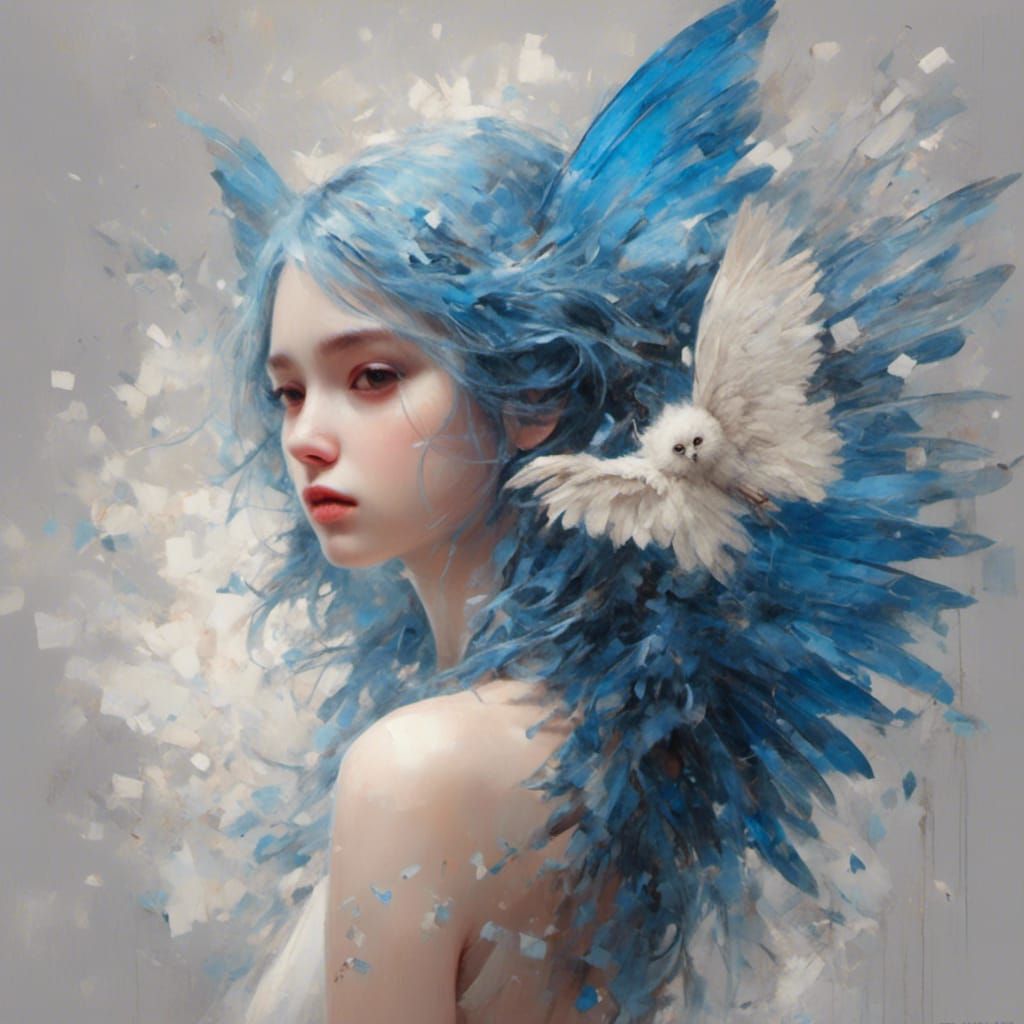 Girl with Blue Wings in Whimsical Style