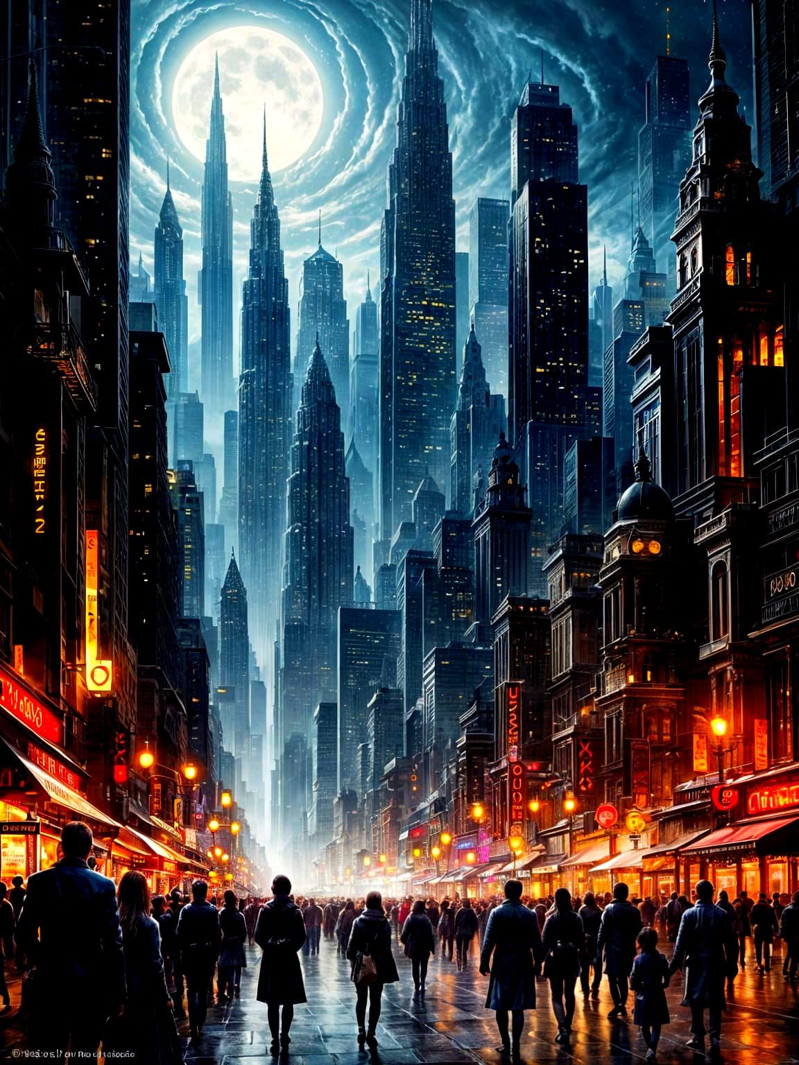 Magical Cityscape at Twilight with Ethereal Beings