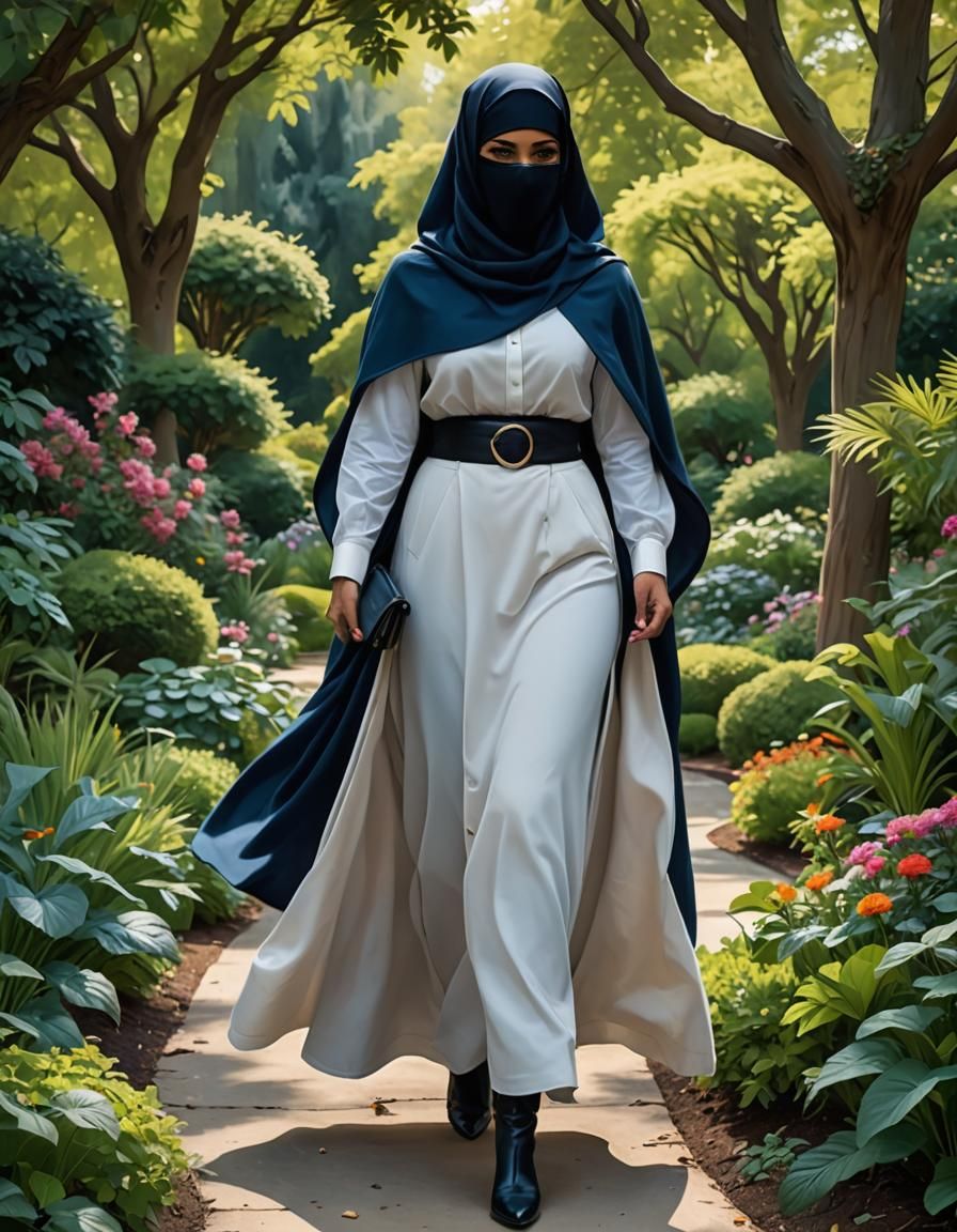 Niqabi Businesswoman in Botanic Garden, Cinematic Style