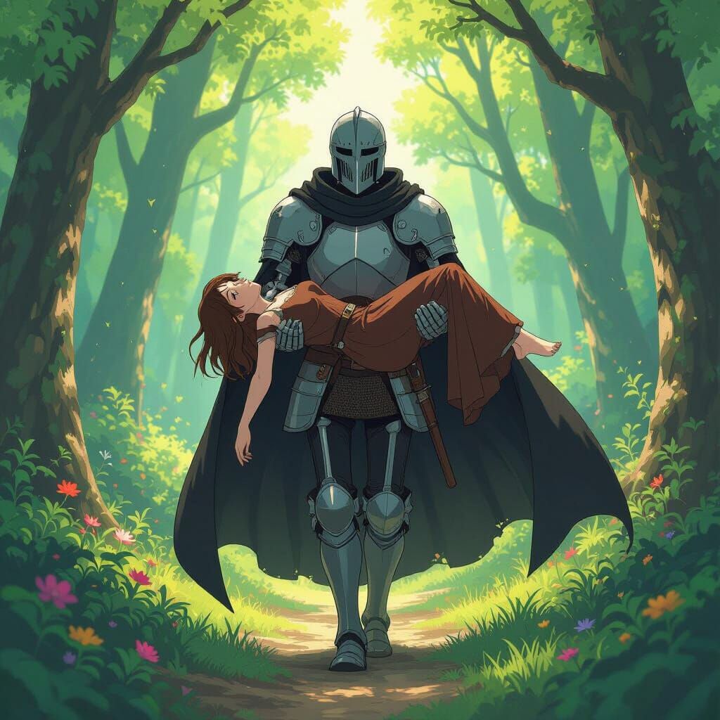 Skeletal Knight Carries Woman Through Living Forest