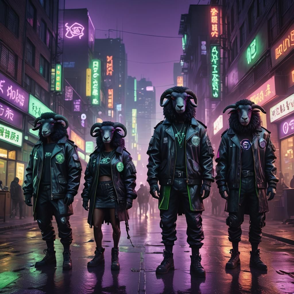Cyberpunk Sheep Posse in Dystopian Cityscape
