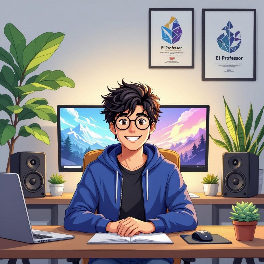 Anime Style Young Man at Desk with Plants and Tech