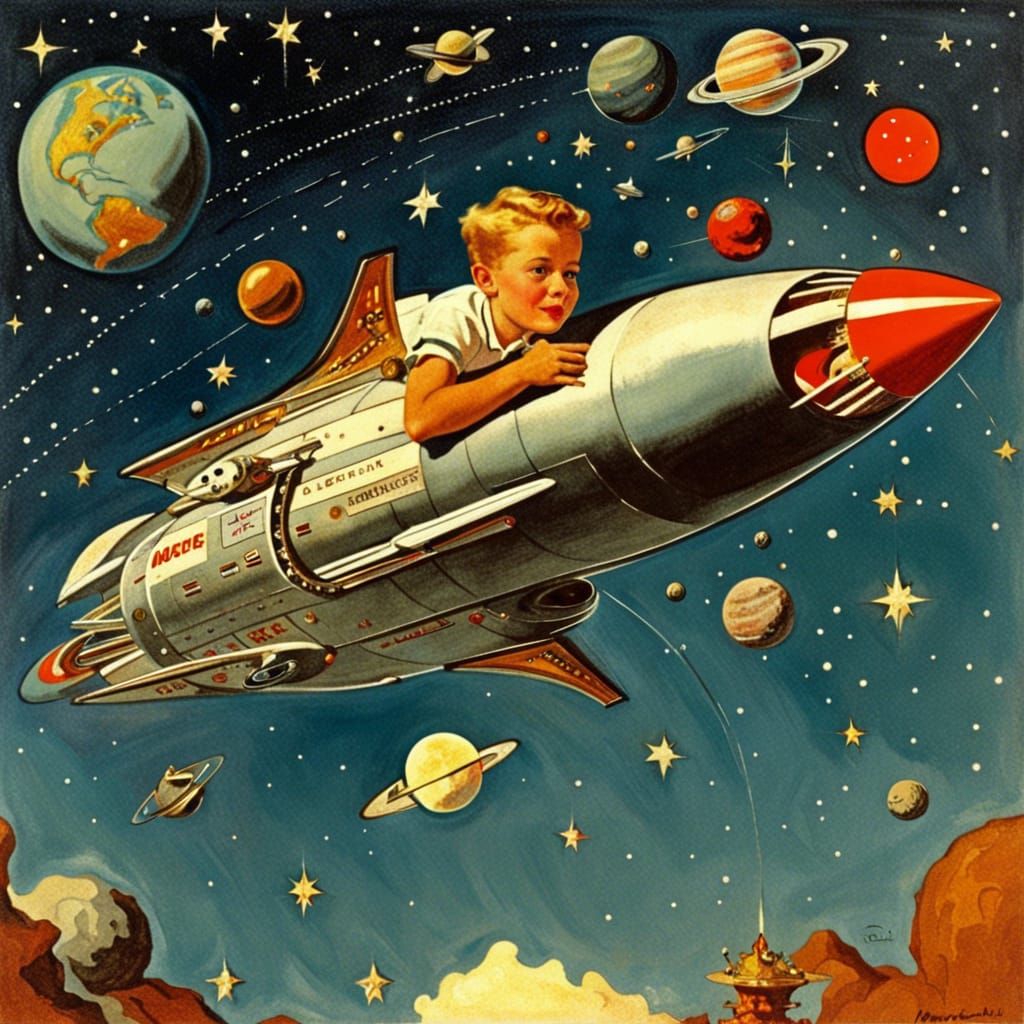 Vintage Rocket Ship Among Planets in 1950s Style