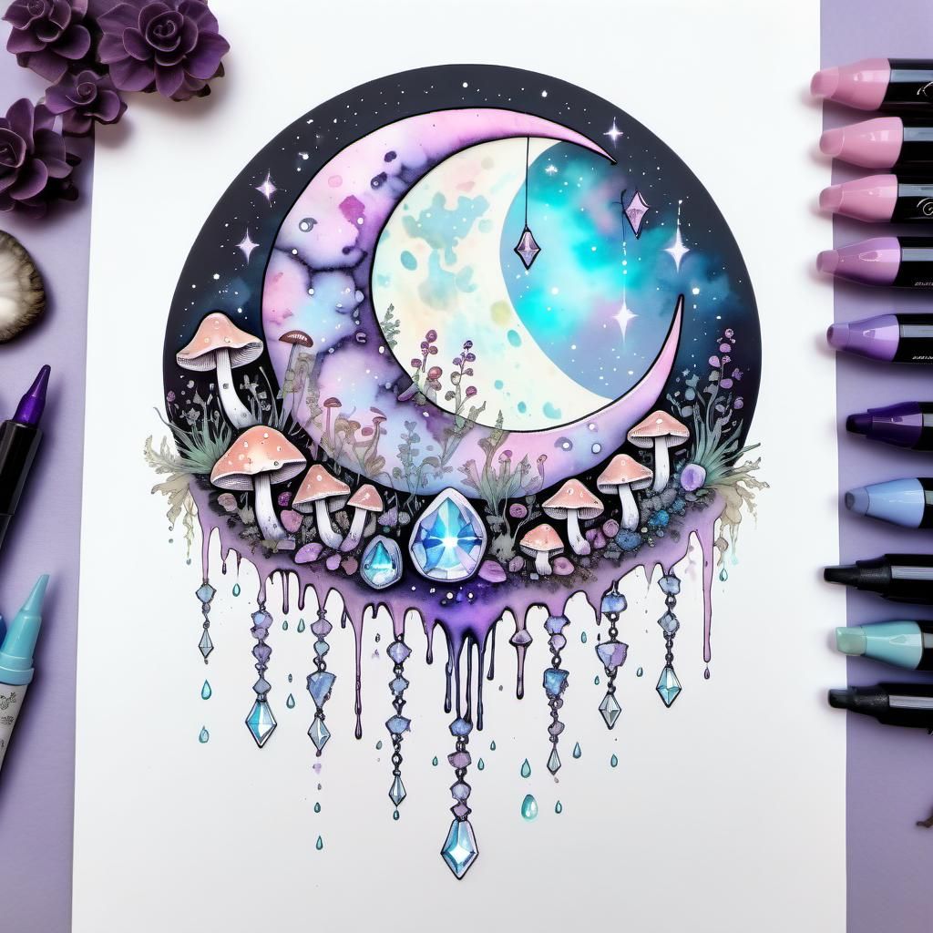 Pastel Goth Crescent Moon with Crystals in Watercolor