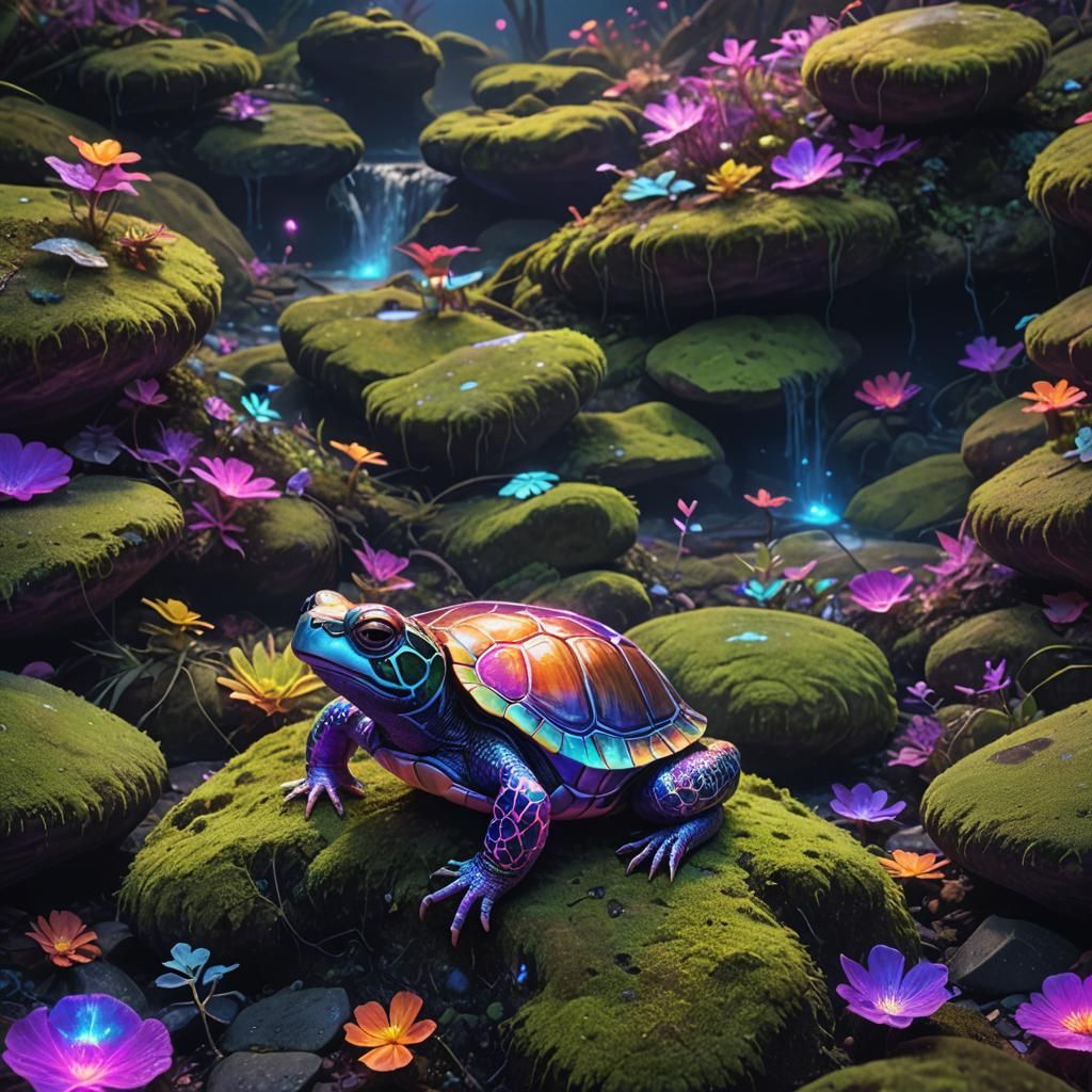 Holographic Toad Turtle on Mossy Rock