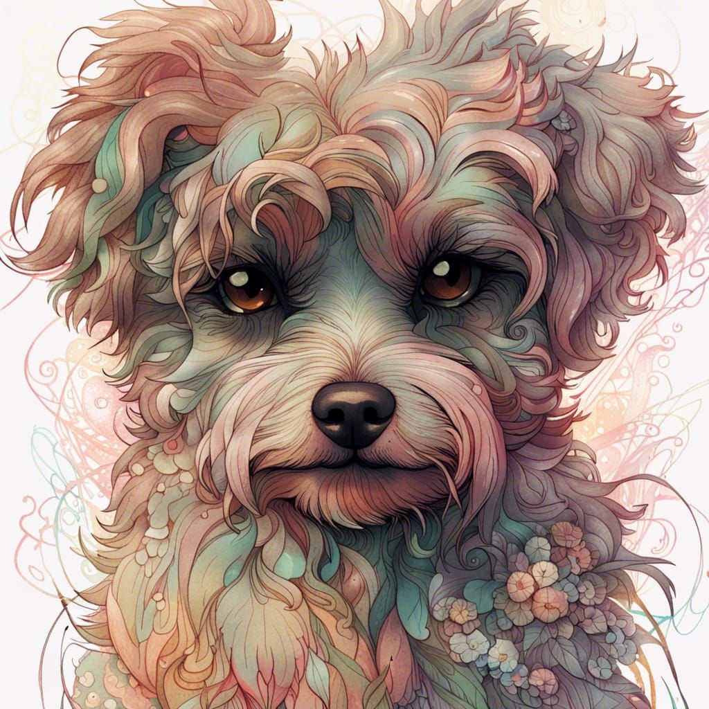 Fluffy Dog Portrait with Pastel Colors and Dark Outlines