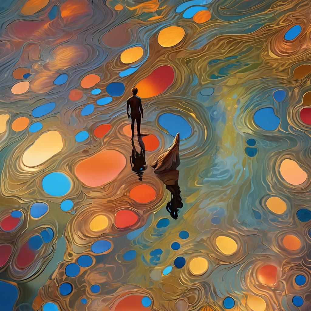 Mystical Figure by Dreamlike Lake in Surreal Oil Painting