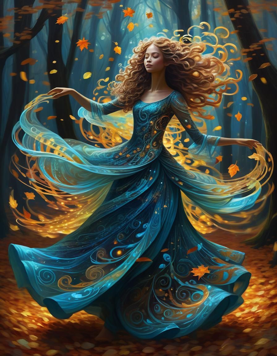Bioluminescent Fantasy Dancer in Autumn Forest