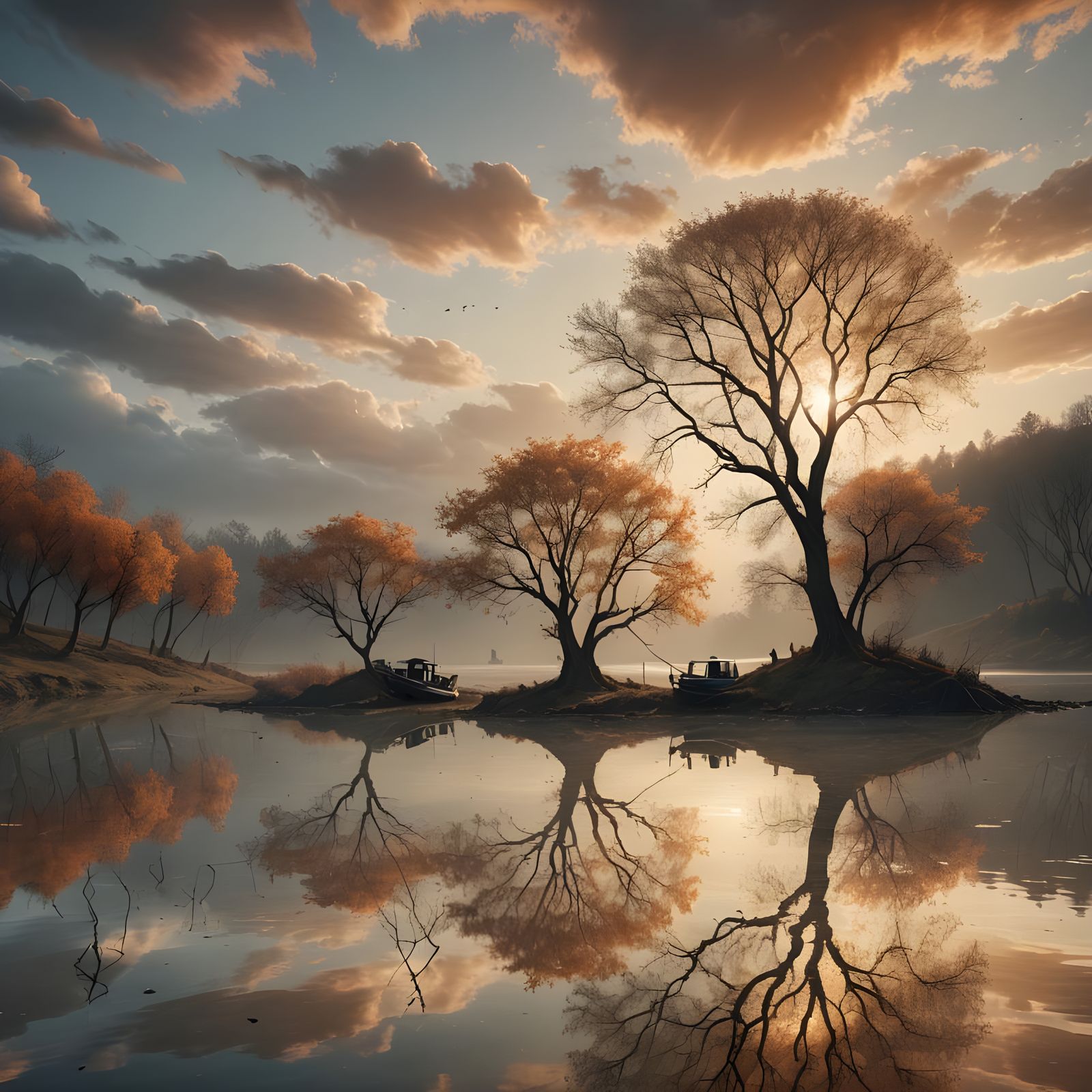 Ethereal Lagoon: Leafless Trees Reflected in Still Water