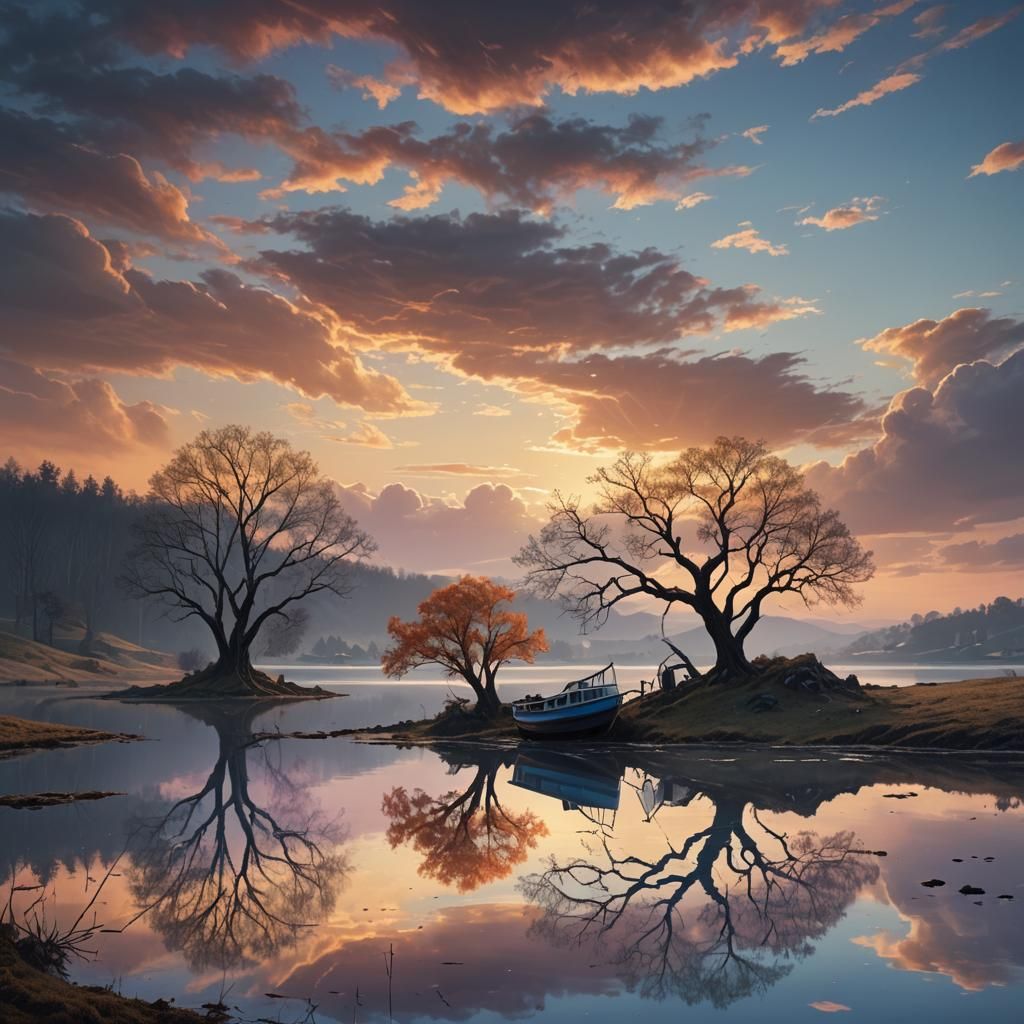 Lagoon Reflection at Golden Hour in Matte Painting Style