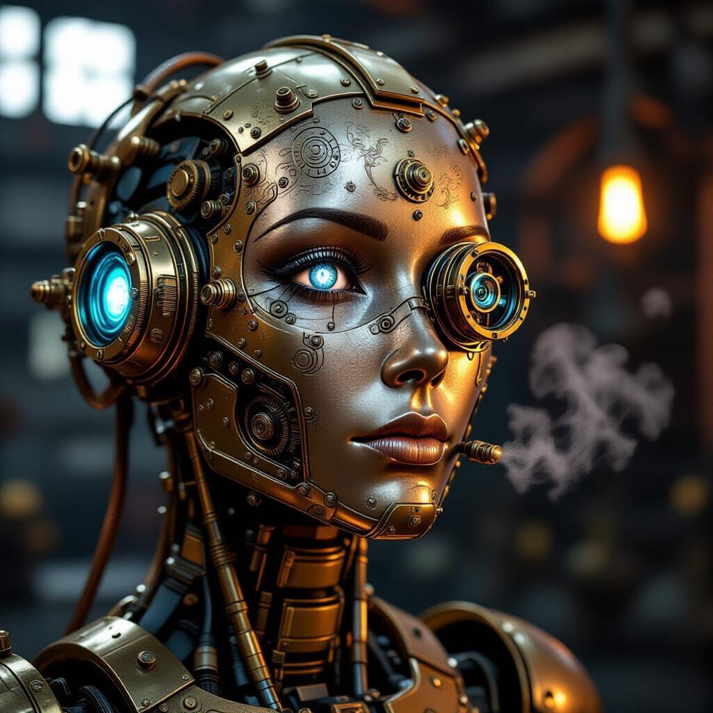 Steampunk Android Face with Glowing Lens and Gears