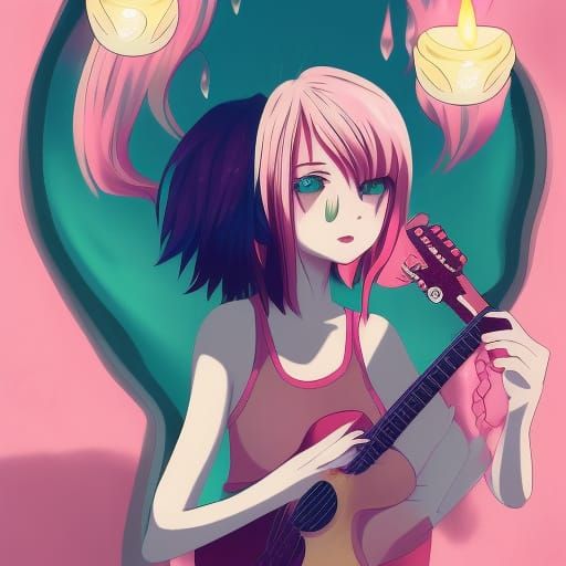 Anime Style Girl Playing Guitar in Candlelight