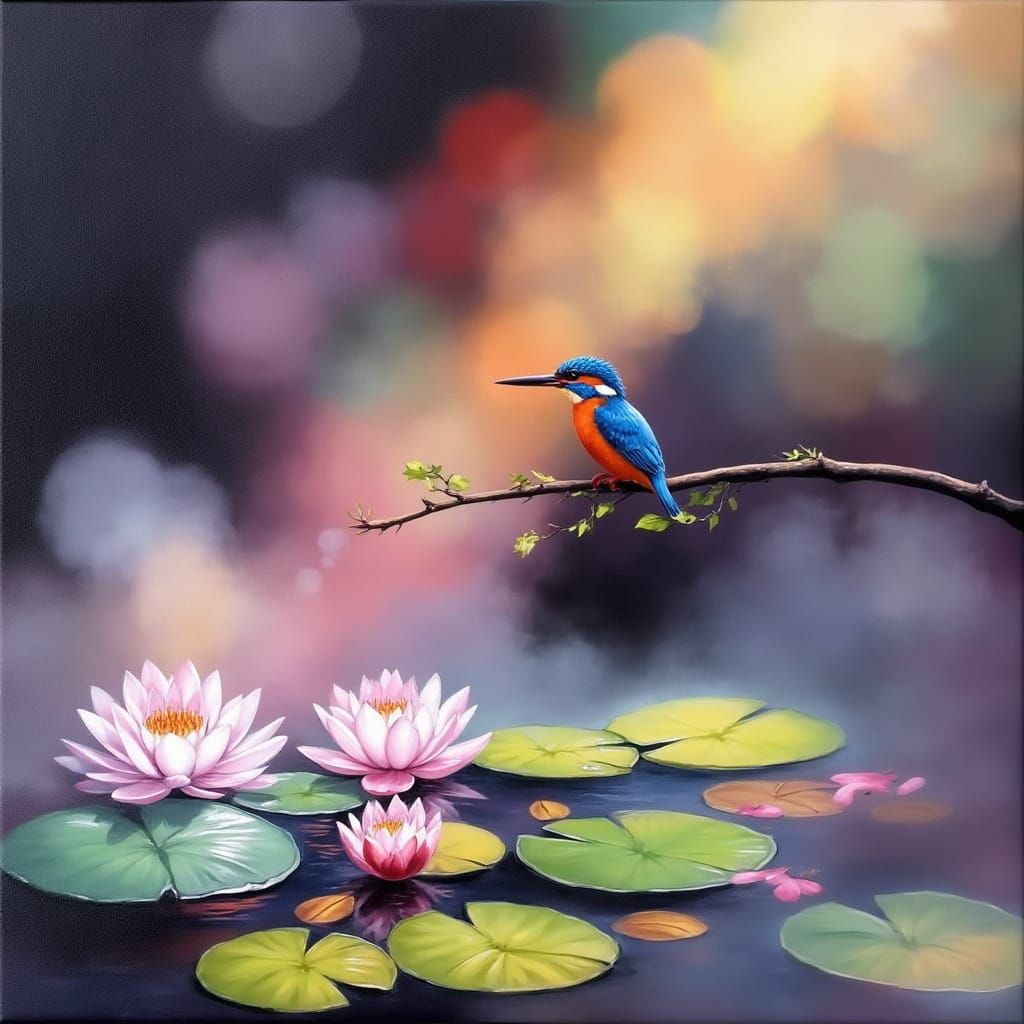 Serene Water Scene with Kingfisher Perched on Branch
