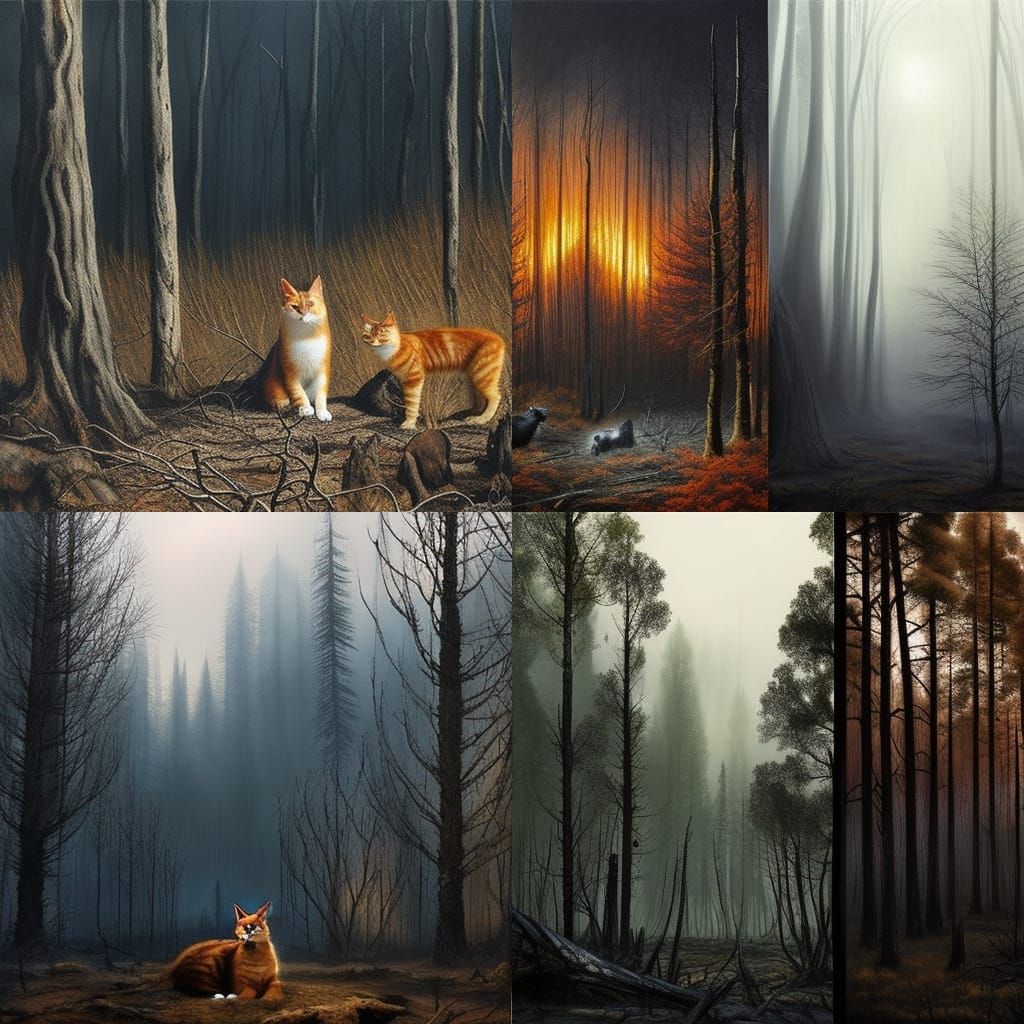 Ginger Cat in Post-Apocalyptic Forest, Charcoal Drawing