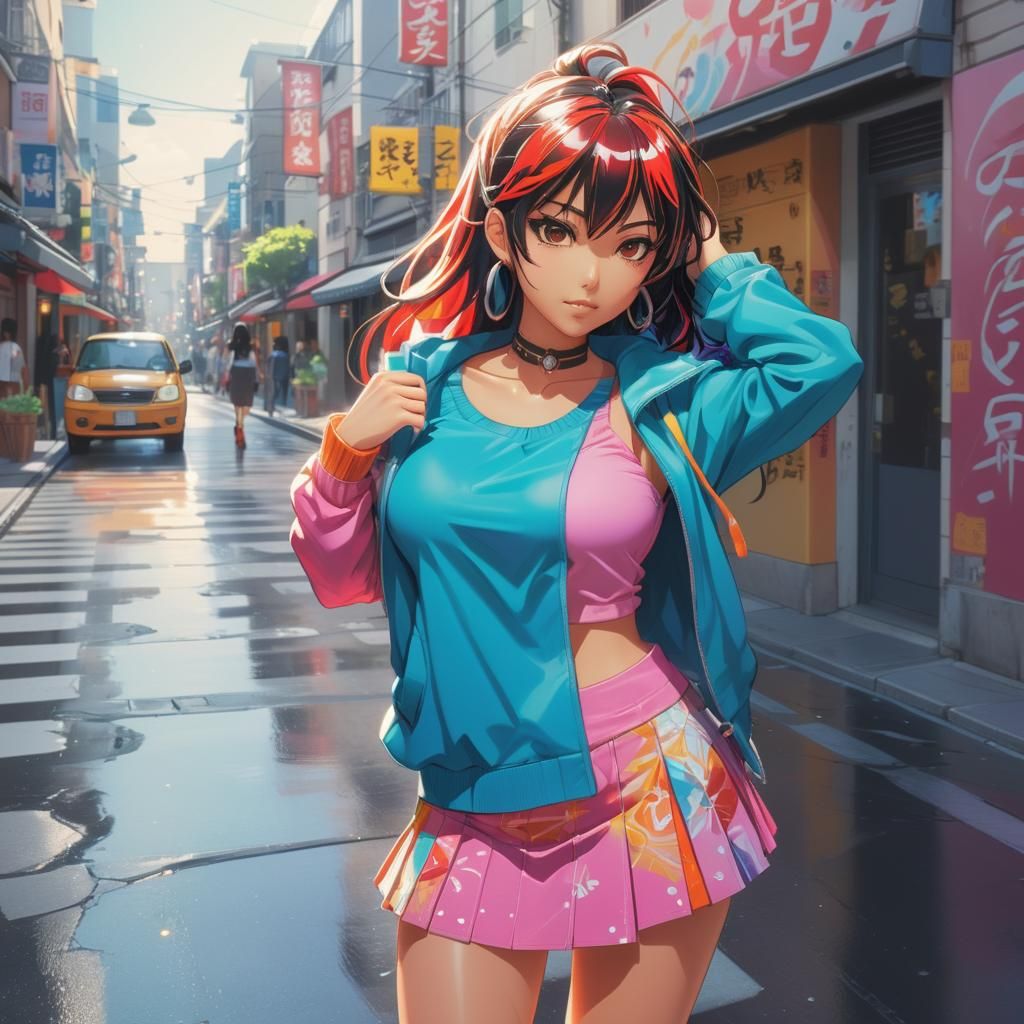 Anime Girl in Sunlit Street, Manga Illustration